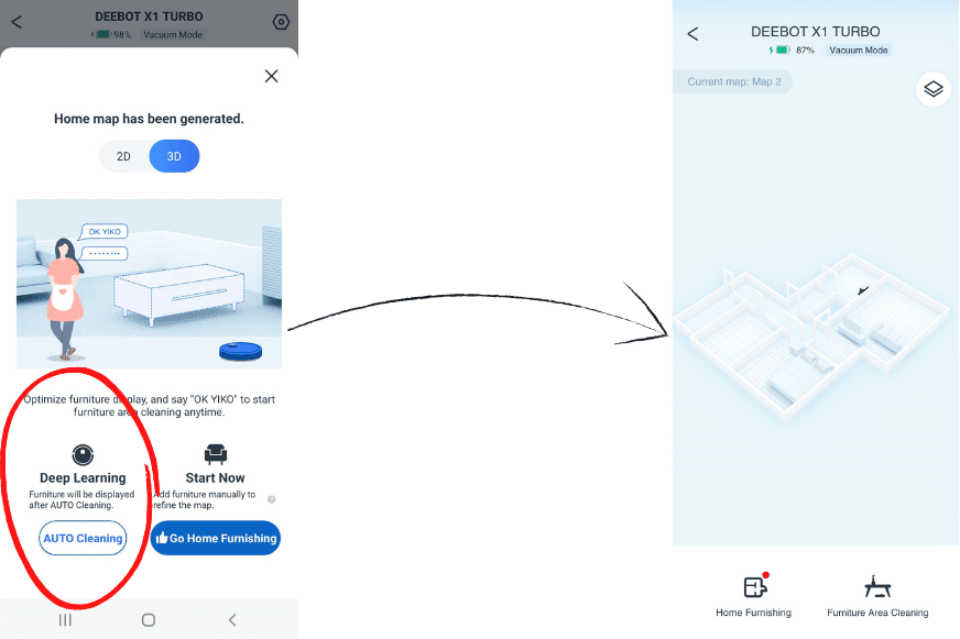 3D Karte des Ecovacs Deebot X1 Turbo ist zu sehen